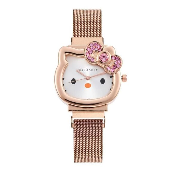 Hello Kitty Watch Rose Gold Tone Kitty Face Pink Bow w/ Crystals Mesh Band NEW - Picture 2 of 3